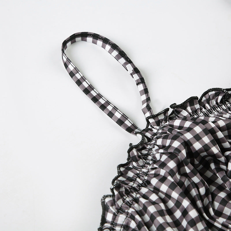 Women Summer Holidays Plaid Suspender Top Shorts Swimwear  Two-piece Set 22