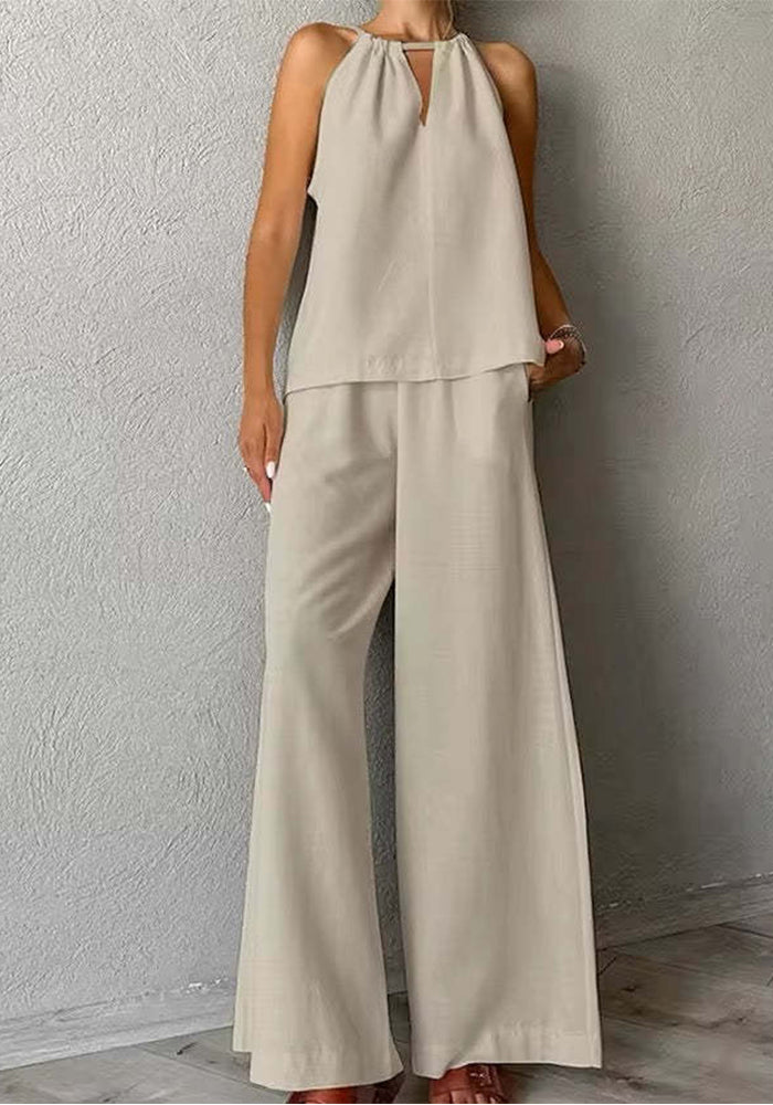 Women Summer Solid Lace-up Casual Top and Pant Two-piece Set