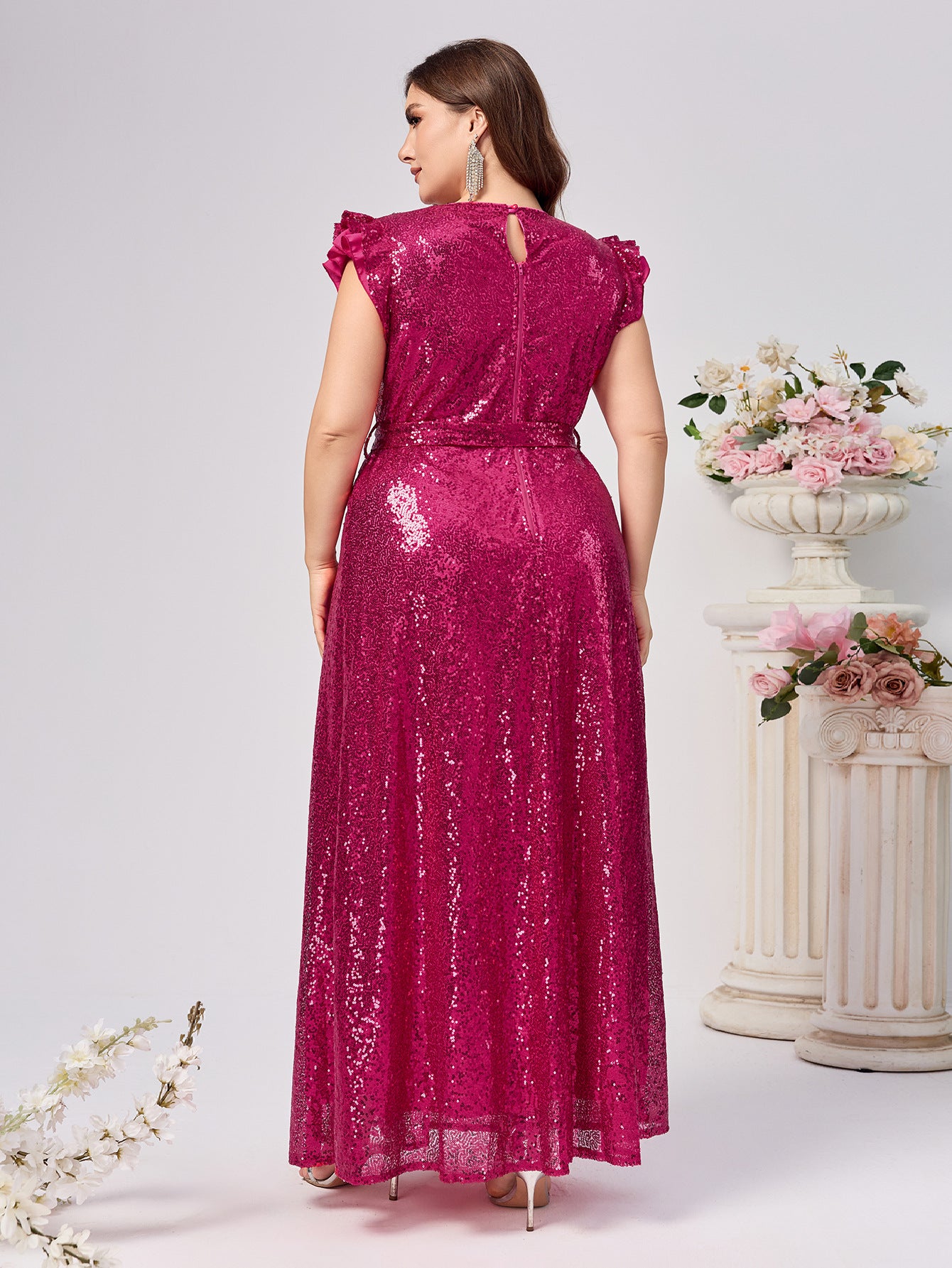 Plus Size Women Sequin Sleeveless Belted Round Neck Sexy Party Dress