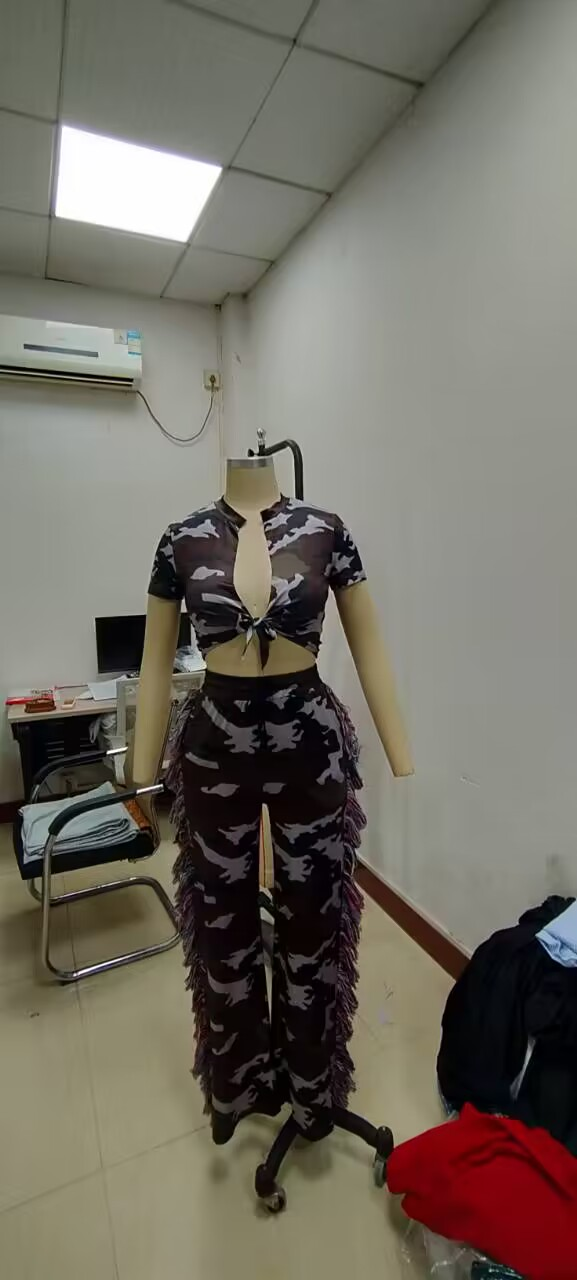 Sexy Camouflage Crop Top High Waist Tassel Pocket Wide Leg Pants Two Piece Set 10