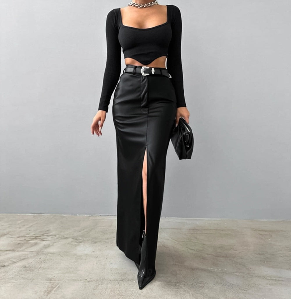 Women Slit Solid Pu-Leather Skirt 10