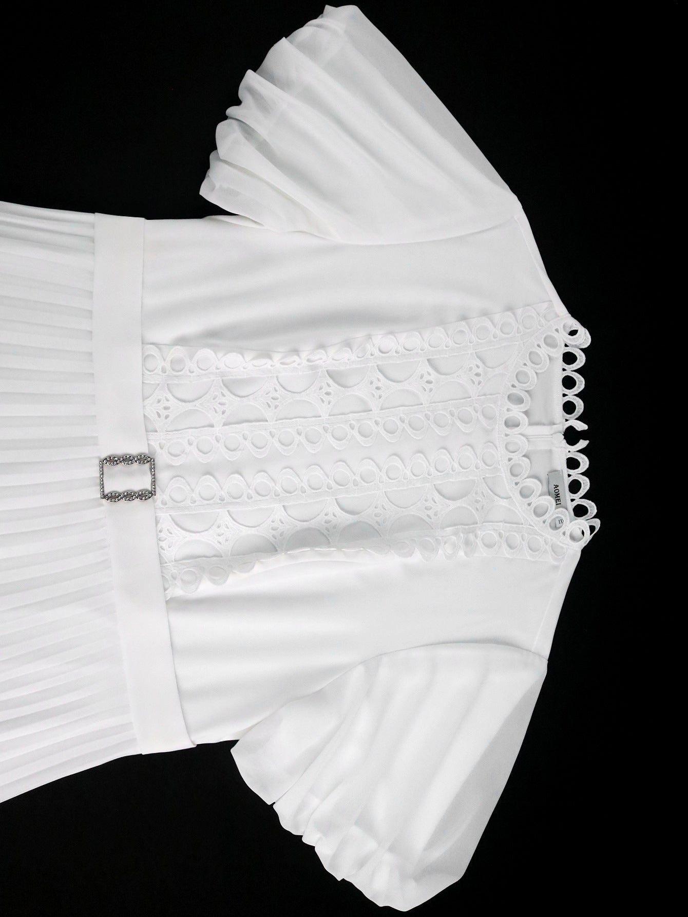 Plus Size Women's Elegant White Lace Cut-Out Dress Puff Sleeve Rhinestone Button Pleated Midi Party Dress 7