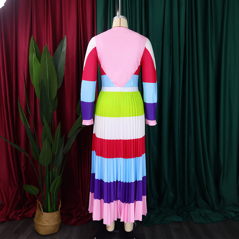 Women Autumn Pleated Print Contrast Color Long-sleeved Top and Skirt Two-Piece Set 20