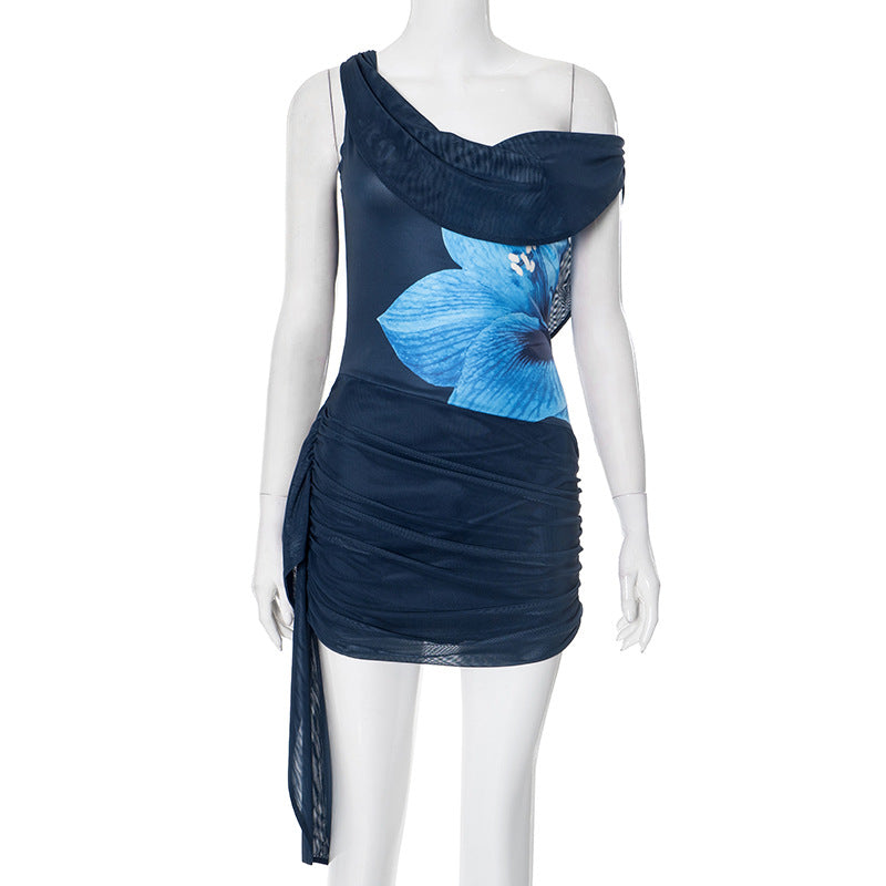 Women Sexy Backless Swing Neck Printed Side Ribbon Bodycon Dress 19