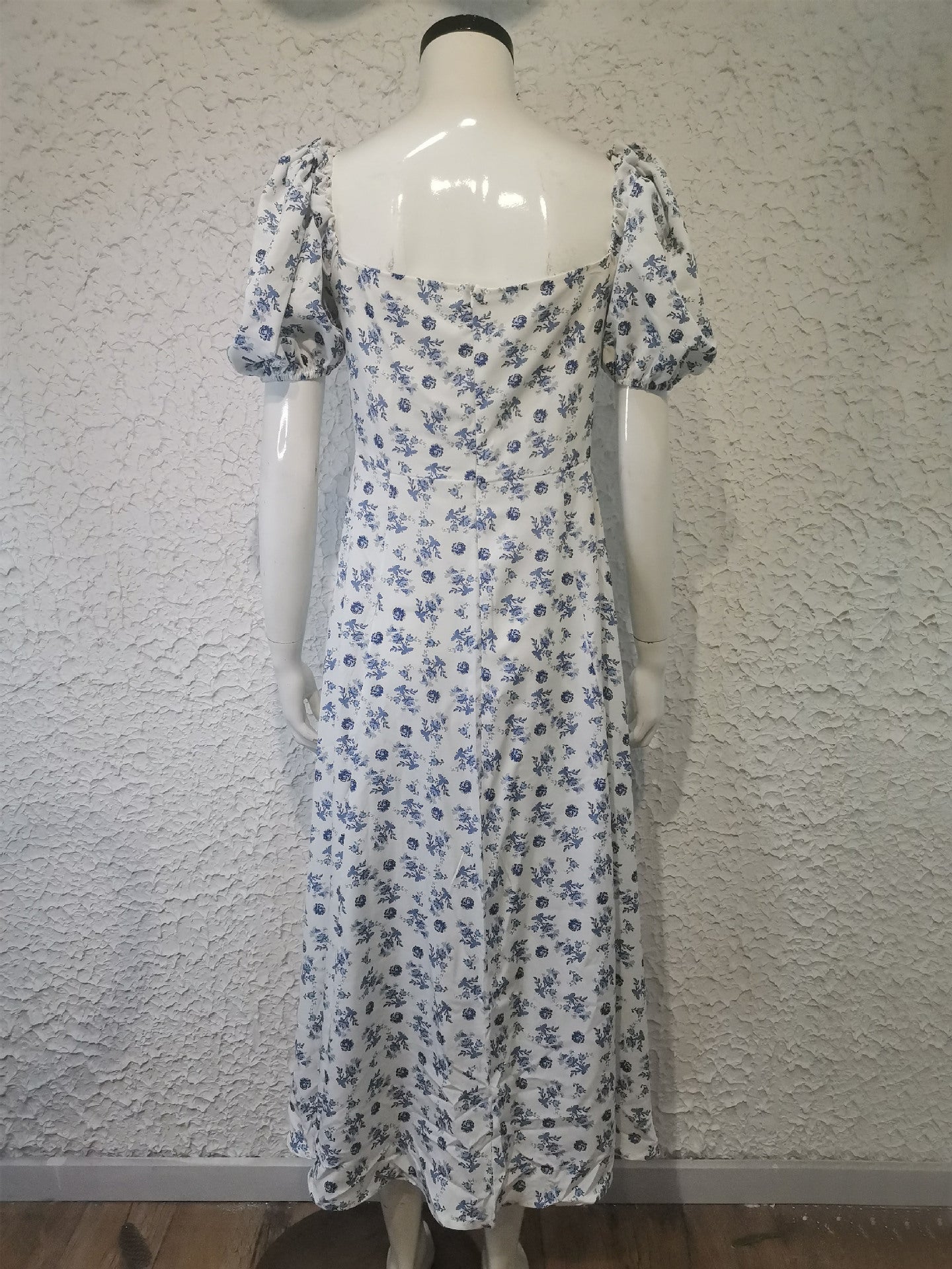 Women's summer fashion puff sleeve floral tie high slit long summer dress 19