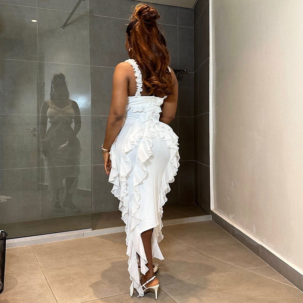 Sexy Strap Ruffled Solid Color Women's Fashion Slim Long Dress 4