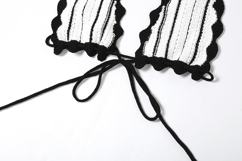 Summer Lace-Up Deep V Low Back Tops High Waist Slim Striped Skirt Two Piece Set 11