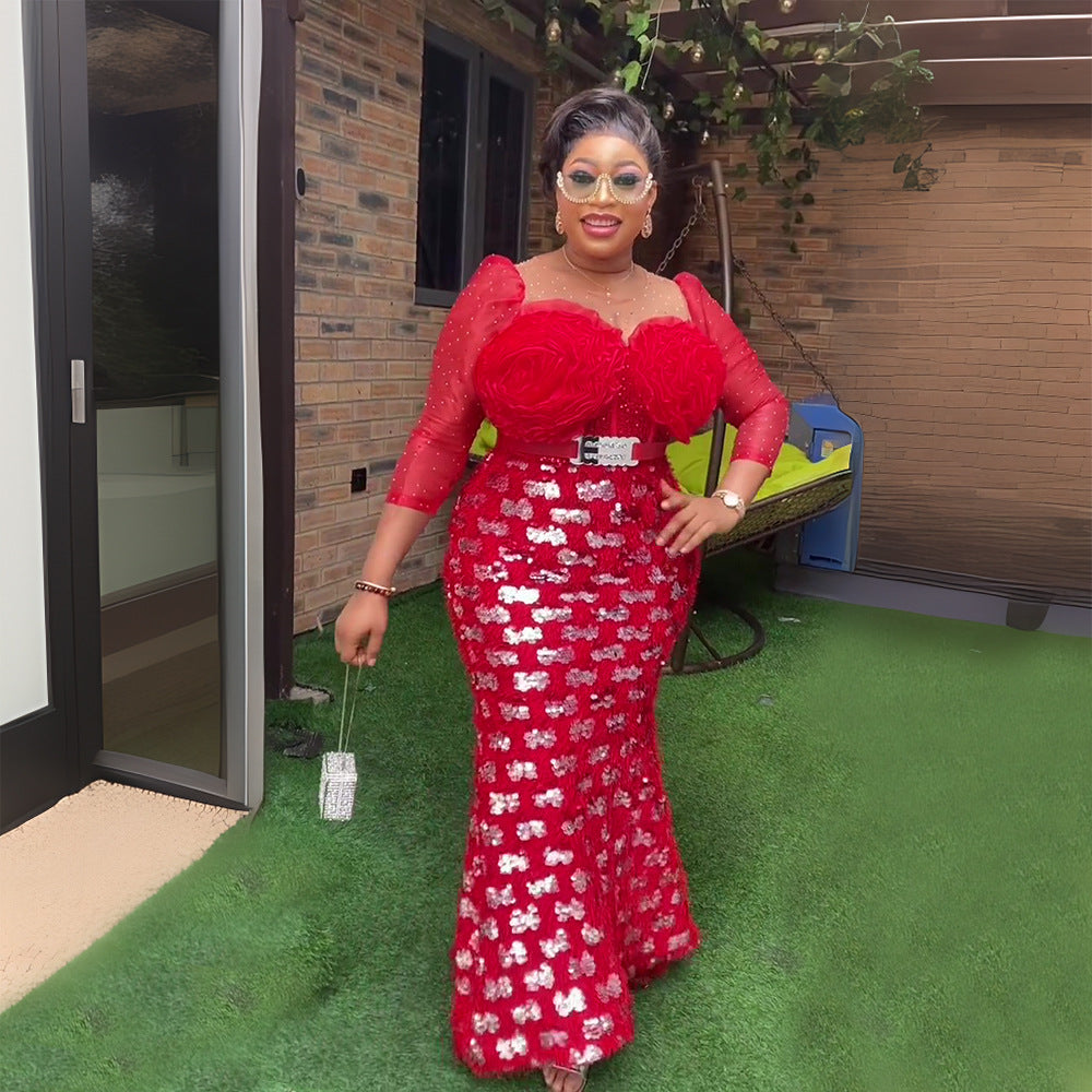 Plus Size Women African Formal Party Party Patchwork Sequin Flower Dress 3