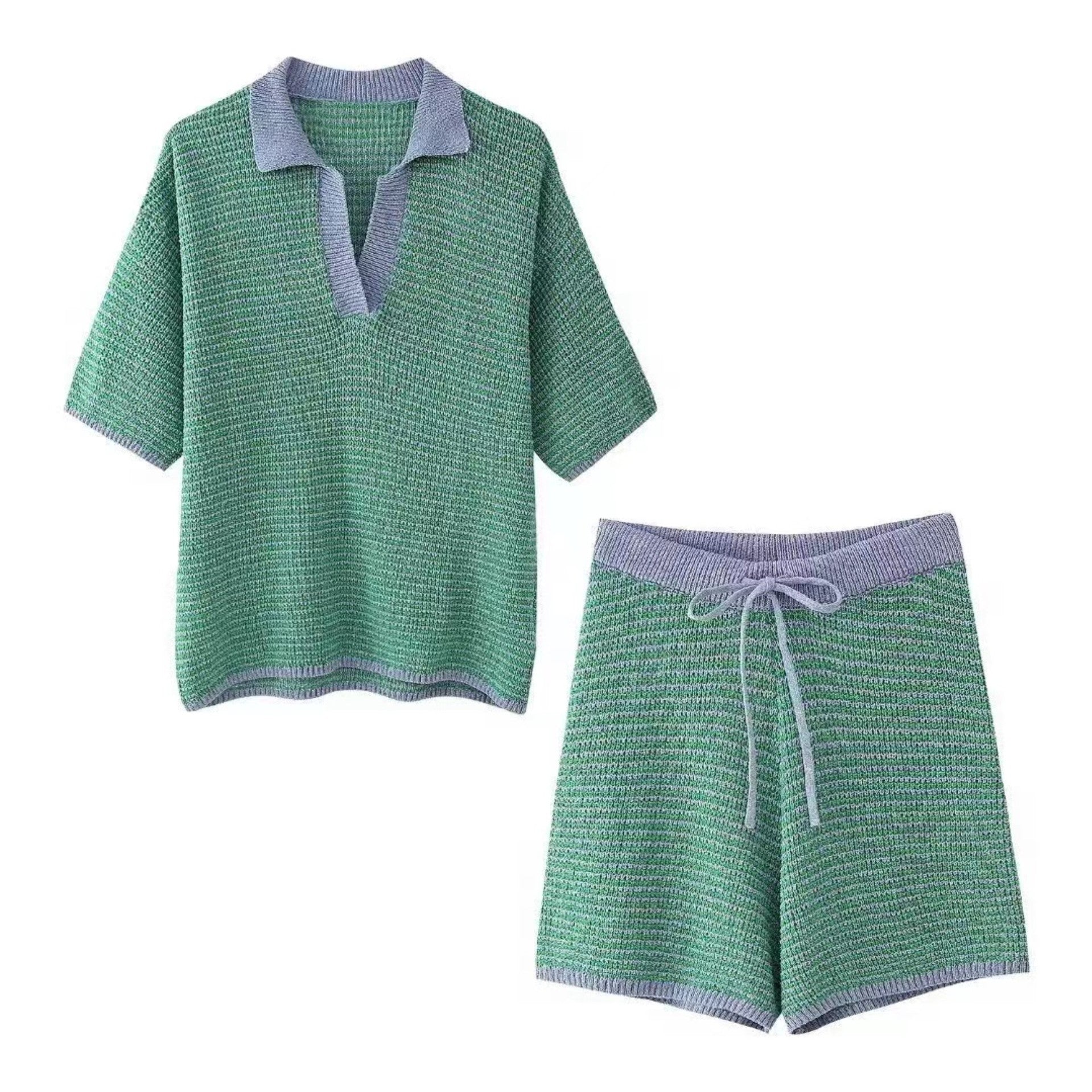 Summer Women's Loose Knit Turndown Collar Top & High-Waist Shorts 10