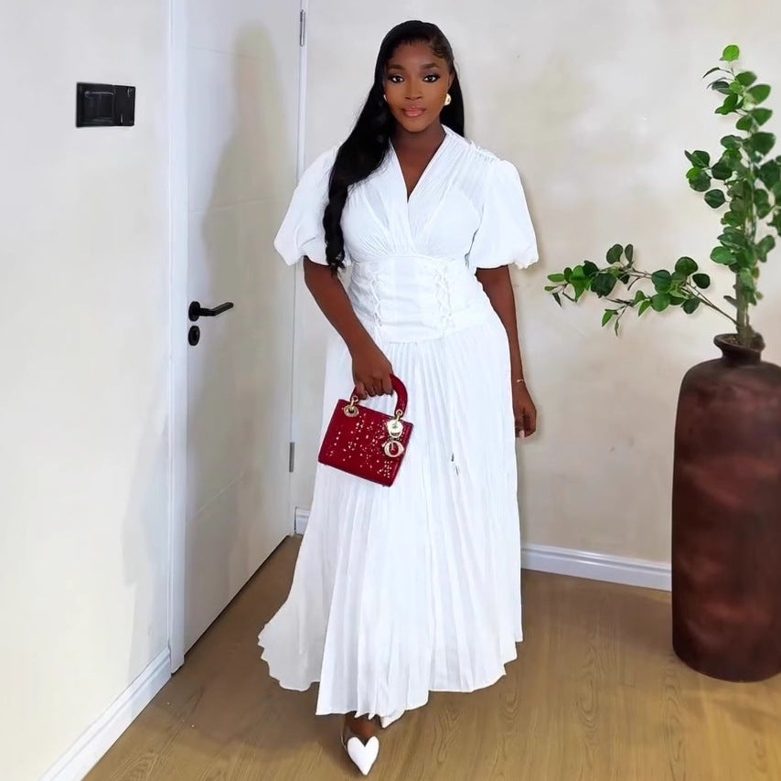 African Women's V-Neck Puff Sleeve Lace-Up Slim Waist Solid Color Trendy Pleated Maxi Dress 5