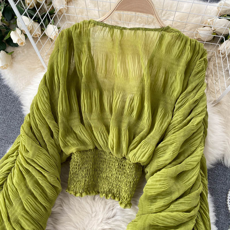 Pleated Puff Sleeves Slim Short Fashionable Chiffon Shirt Tops 43