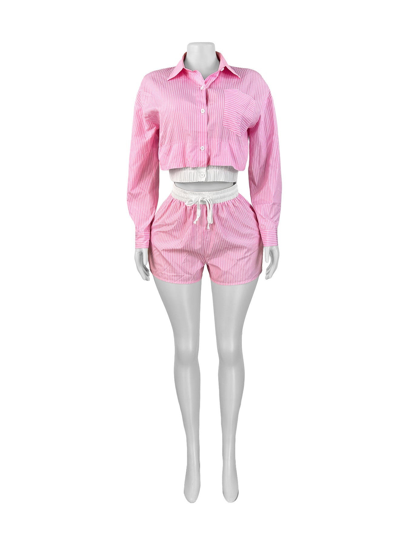 Women Turndown Collar Striped Long Sleeve Shirt Patchwork Shorts Two Piece Set 5