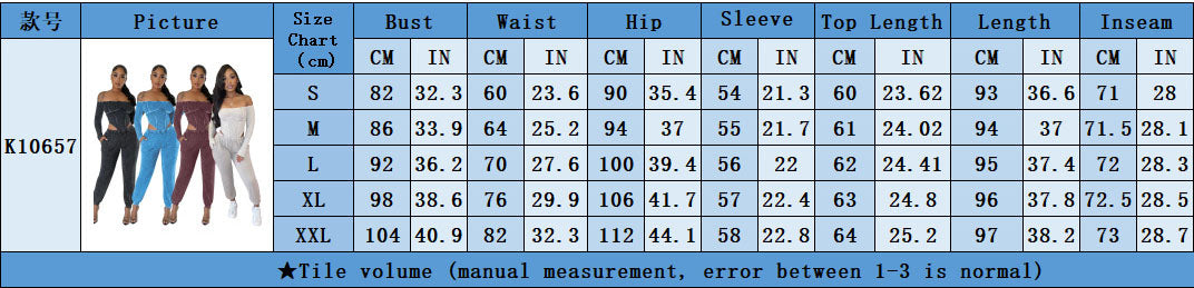 Fashion Women's Off Shoulder Long Sleeve Bodysuit Pants Two Piece Set 13