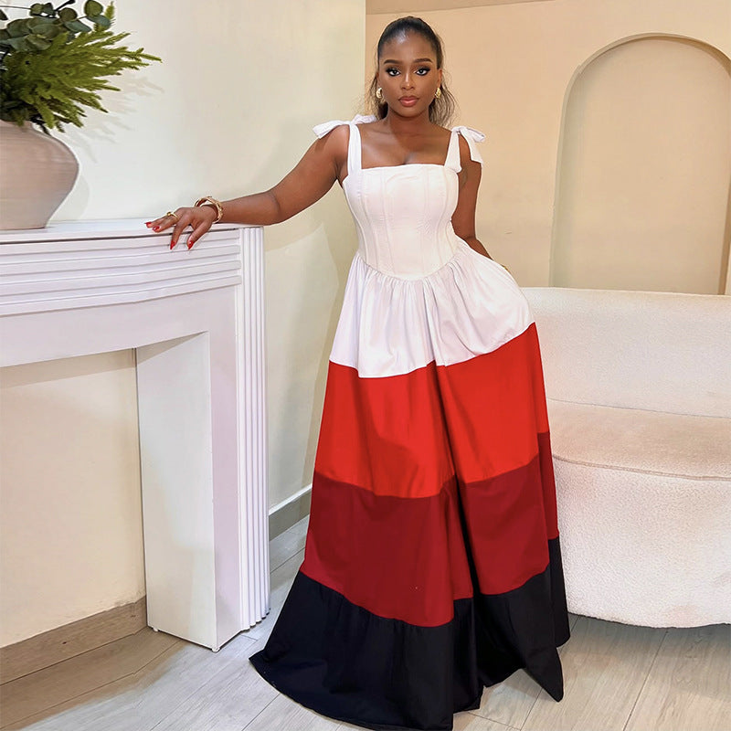 Women Spring Bow Suspender Color Block Dress 5