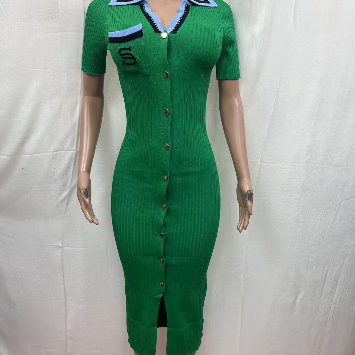 Women Fall/Winter French Contrast Color Embroidered Polo Neck Long-Sleeved Knitted Dress 7