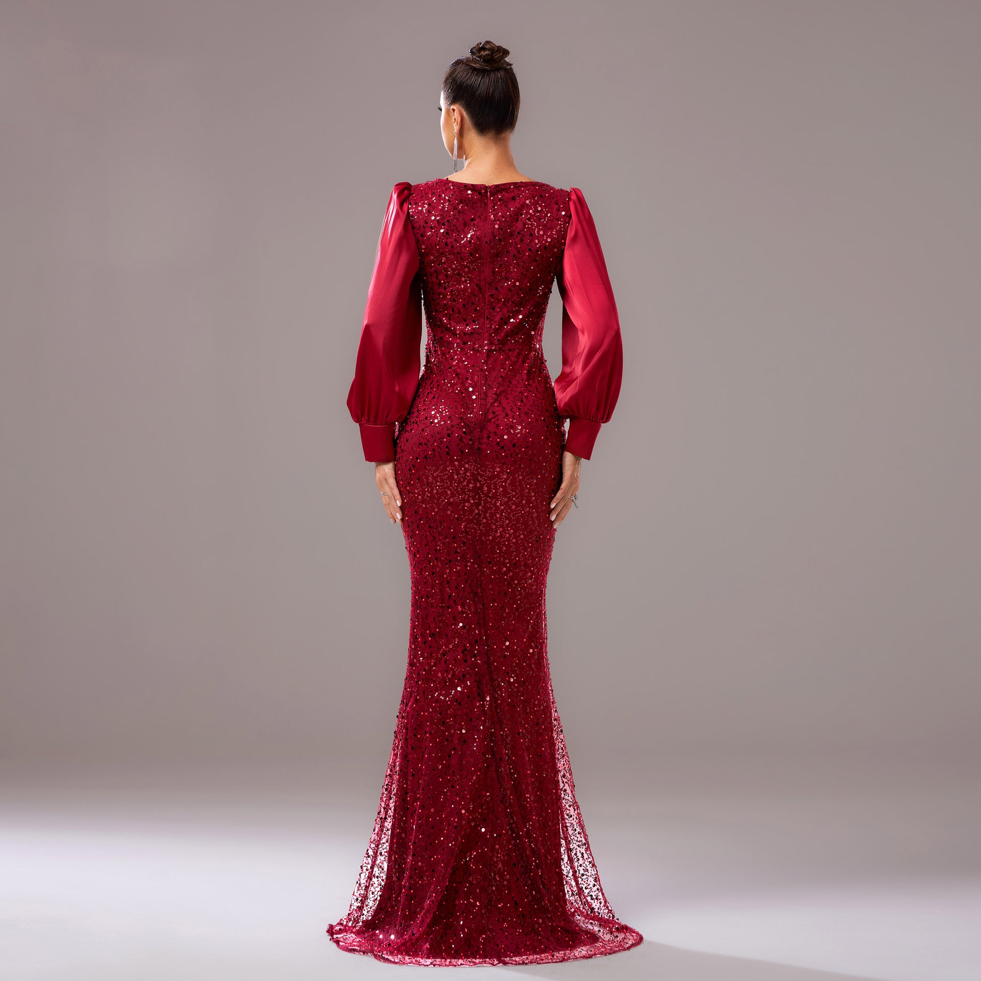 Chic Long Sleeve Round Neck Formal Party Bodycon Beaded Sequin Evening Dress Women Bridesmaid Gown 4