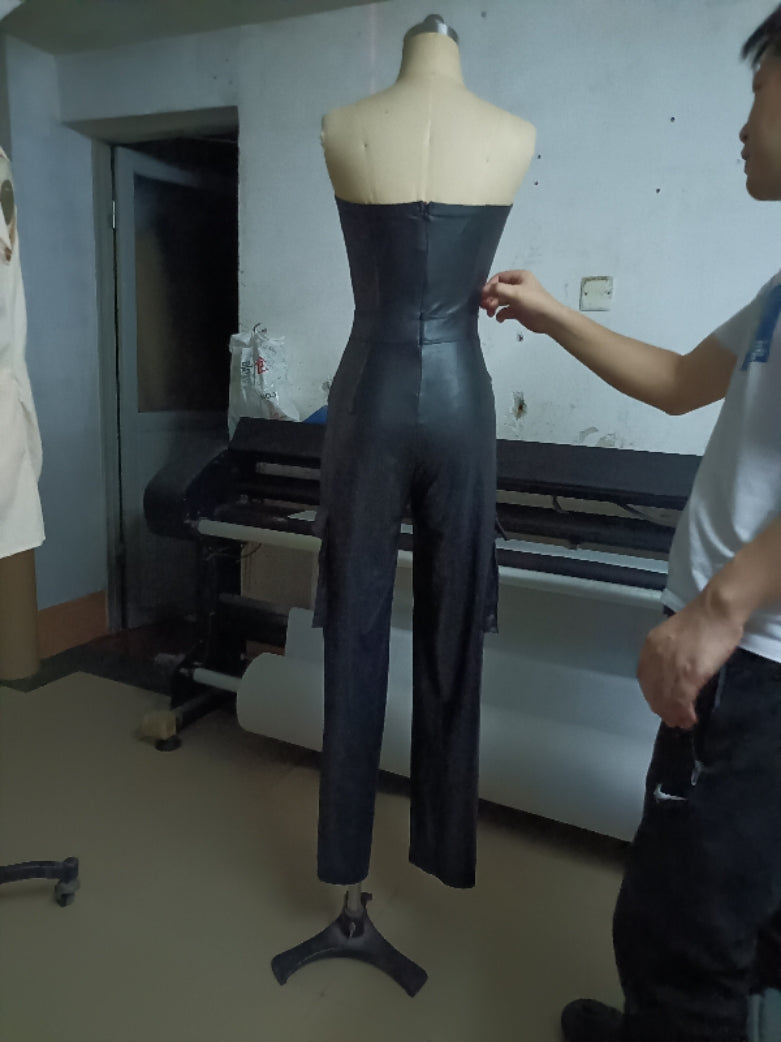 Women's Sexy Strapless Tight Fitting Slim Waist Pu Leather Jumpsuit 9