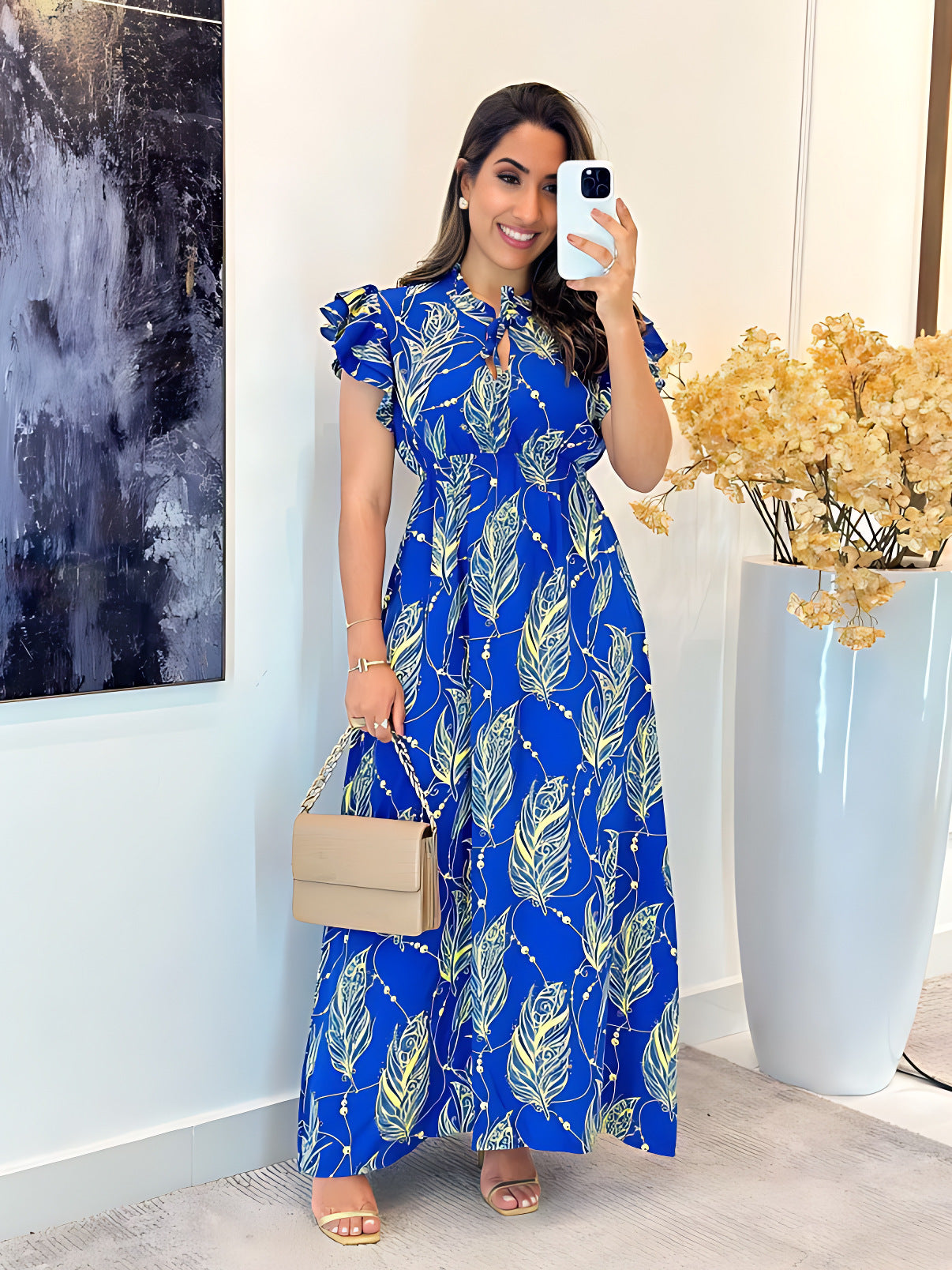 Ruffle Short Sleeve Slim Waist Chic Long Dress 3