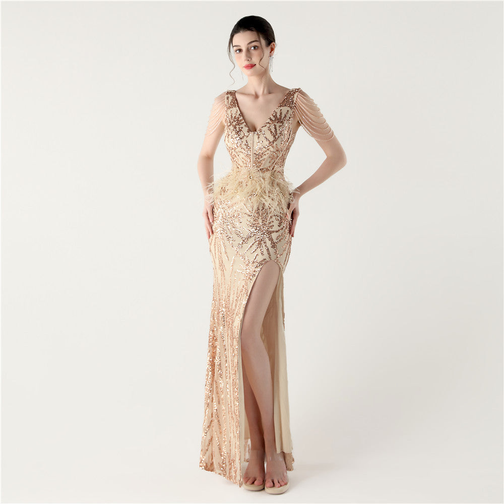 Women Furry Fishbone Lace-Up V Neck Slit Evening Dress 15