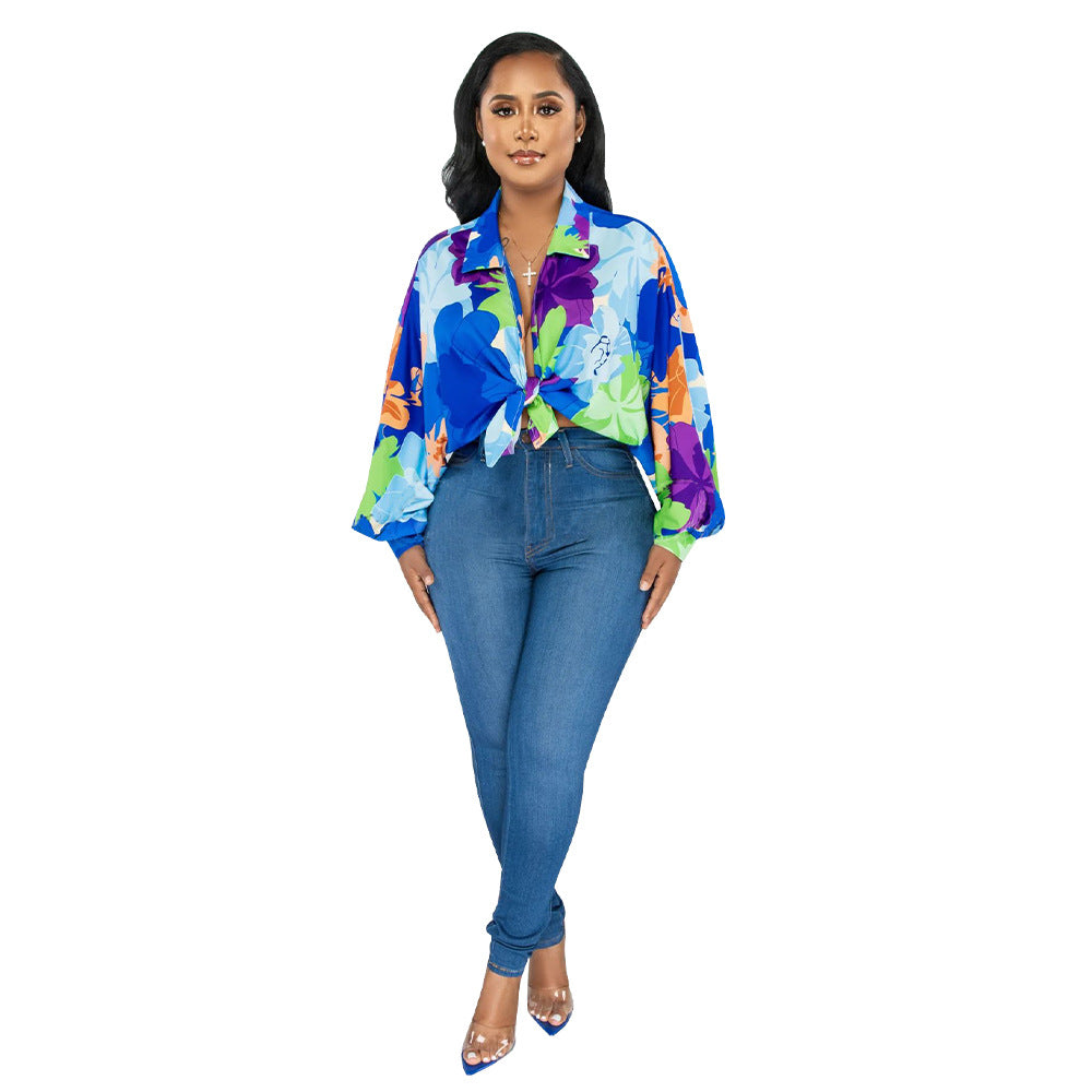 Women's Bat Sleeves Top Turndown Collar Print Shirt 7