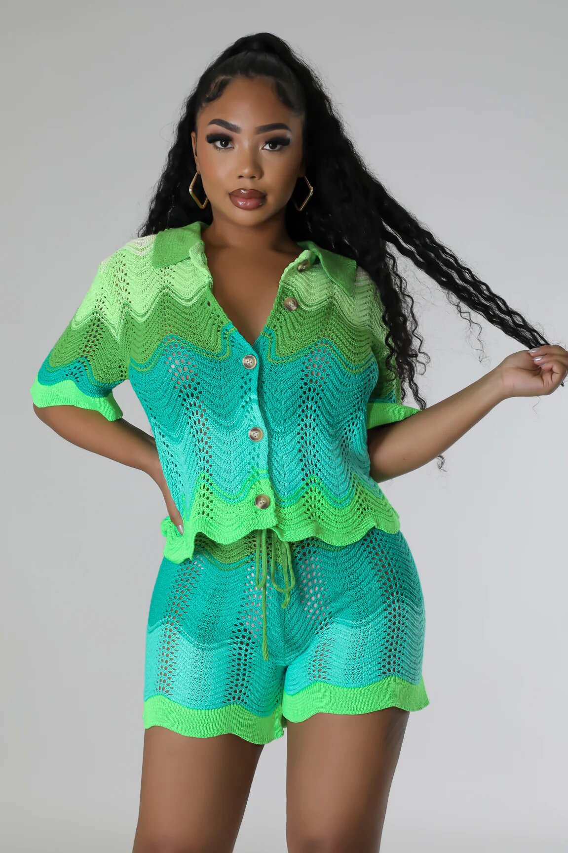 Women spring knitting short-sleeved Top and shorts Casual two-piece set