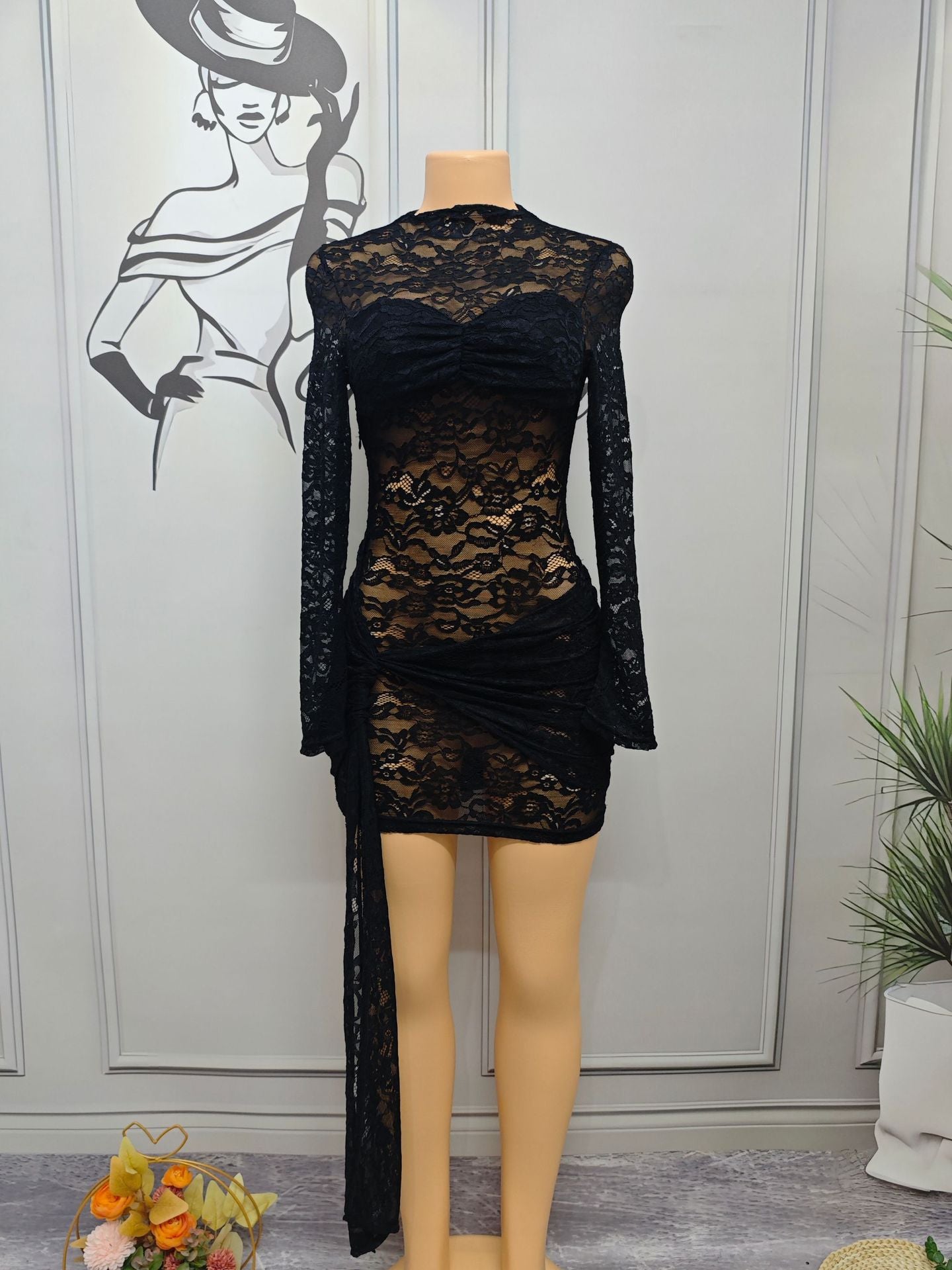 African Women Sexy Lace Patchwork Hollow Dress 8