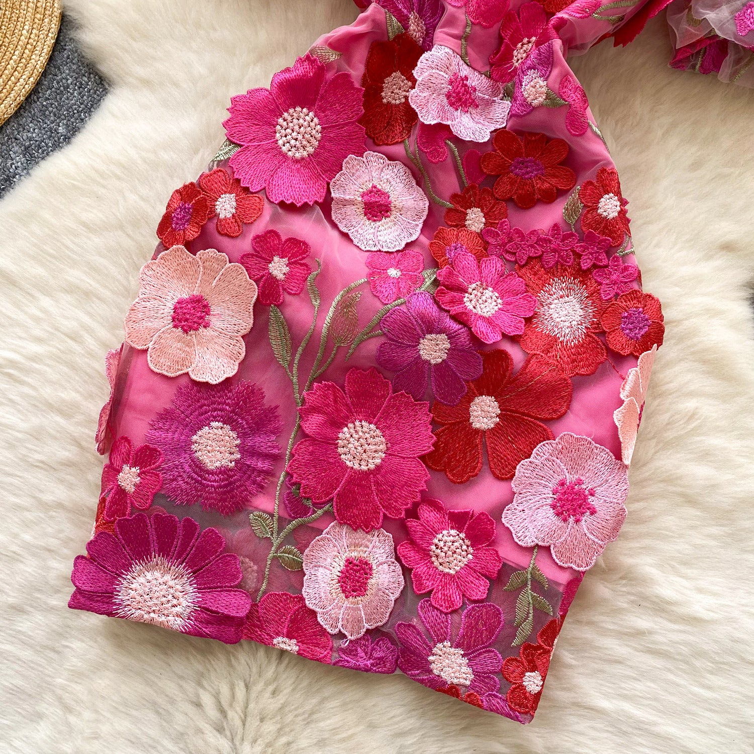 Women's  Luxury Embroidery Mesh Puff Sleeve Slim Waist Short Chic Dress 23