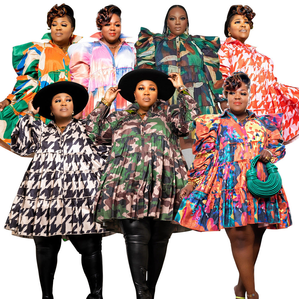 Plus Size Women's Fashion Print Ruffle Button Shirt Dress 12