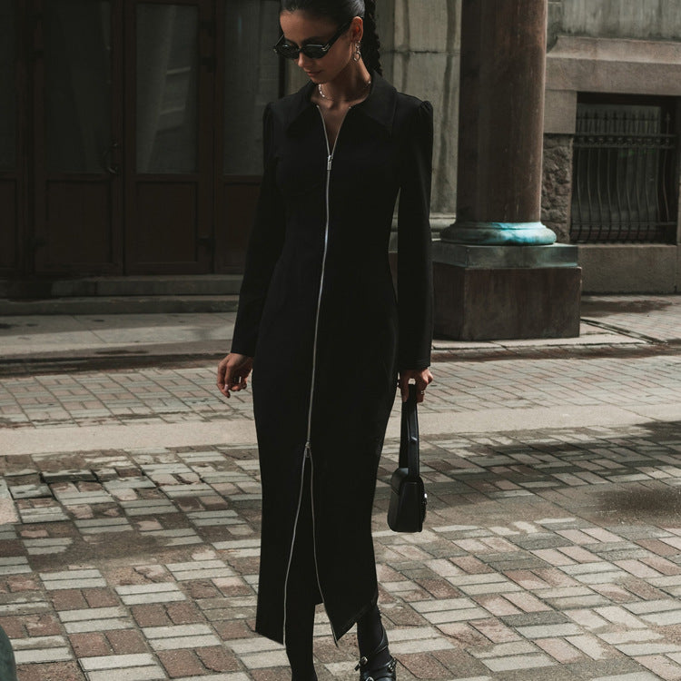 Women's Fashion Turndown Collar Zipper Long Sleeve Black Dress 4