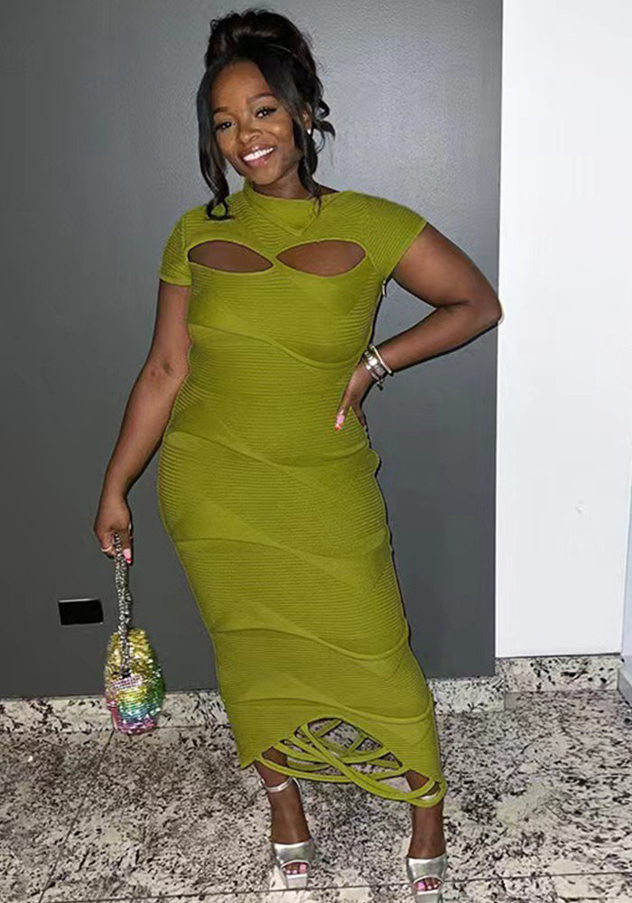 Women Slash Shoulder tassel hollow knitting solid irregular short-sleeved dress