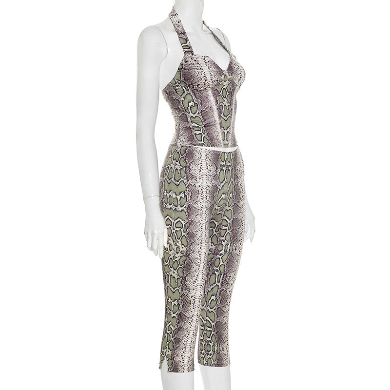 Women Fall Snake Print Halter Neck Sleeveless Top and Pants Two-Piece Set 7