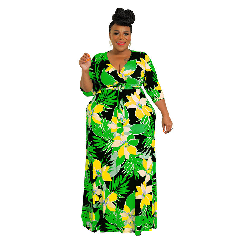 Fashion Plus Size Women's Summer Print Multicolor Sexy Bodycon Swing Dress