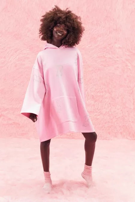 Women Hooded Long Sleeve Fleece Loose Casual Beaded Dress 4