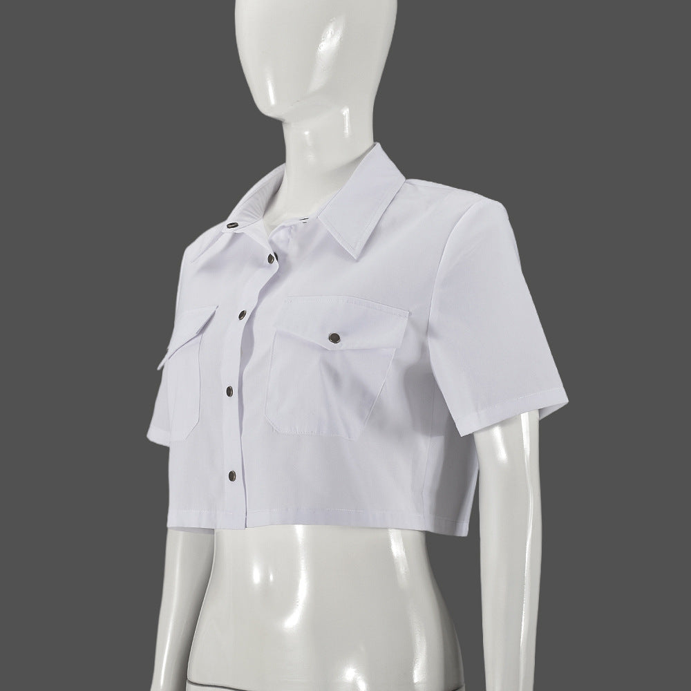 Women's Summer Turndown Collar Pocket Button Sexy Short Sleeve Shirt 9