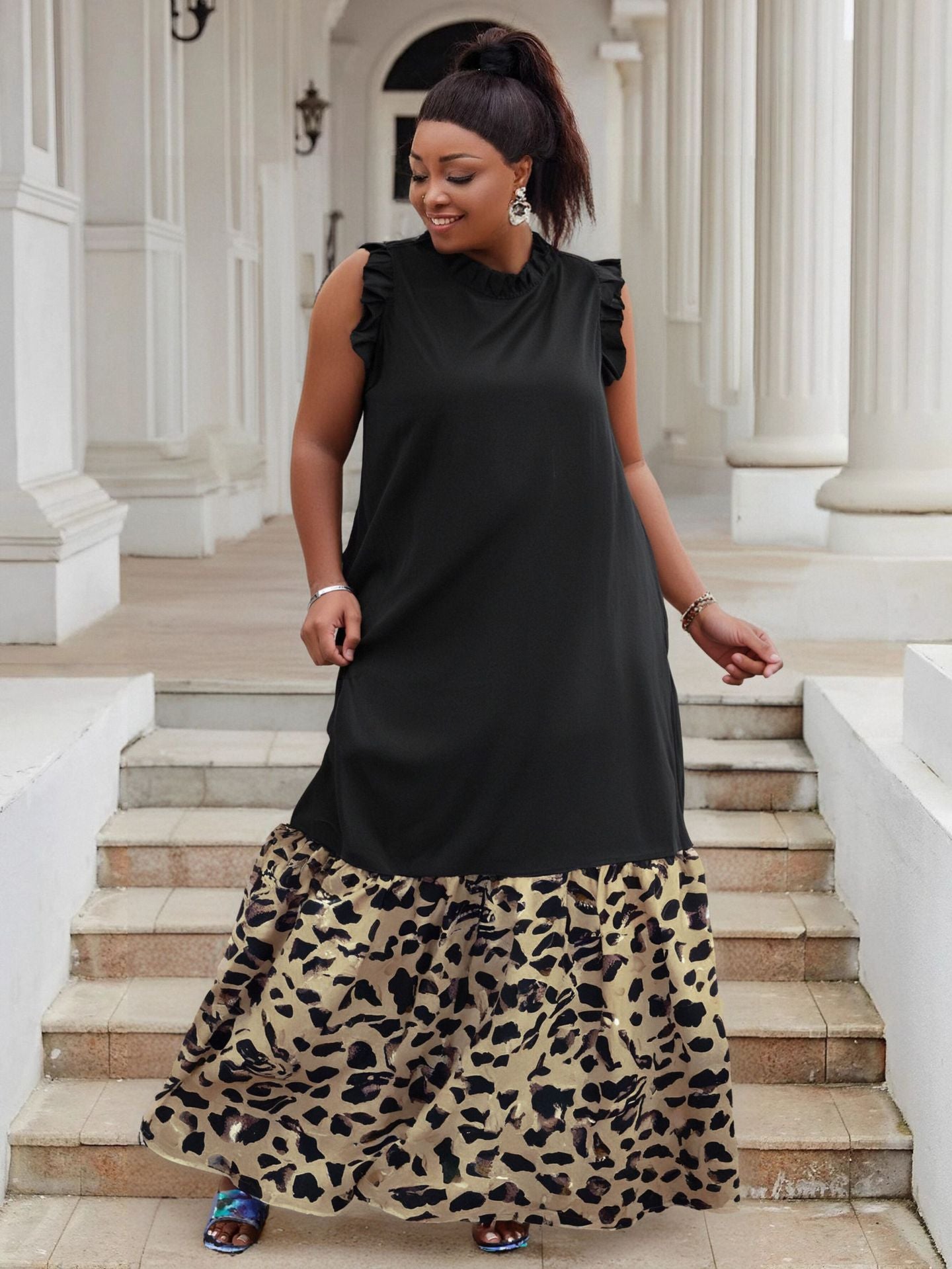 Plus Size Women summer ruffled Round Neck leopard print Patchwork dress