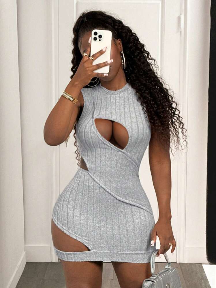 Stylish Solid Color Stretchy Cut-Out Bodycon Mini Dress