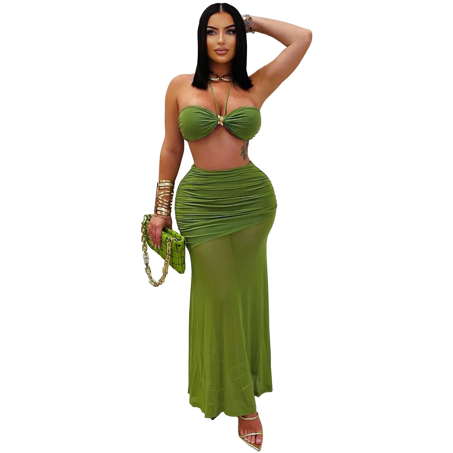 Sexy Strapless Ruched Mesh Mermaid Long Skirt Set 13