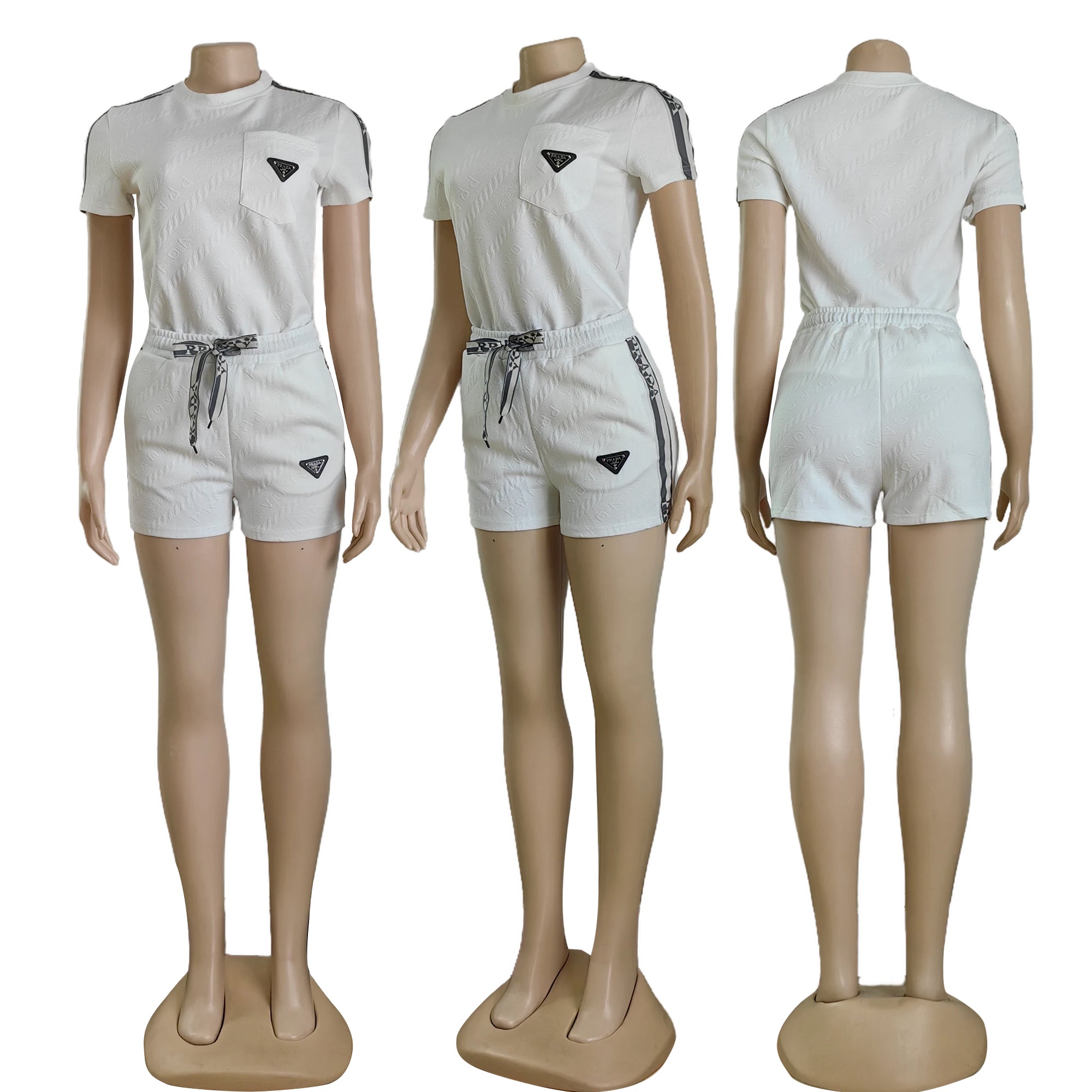 Women embossed short sleeve Top and shorts two-piece set 12