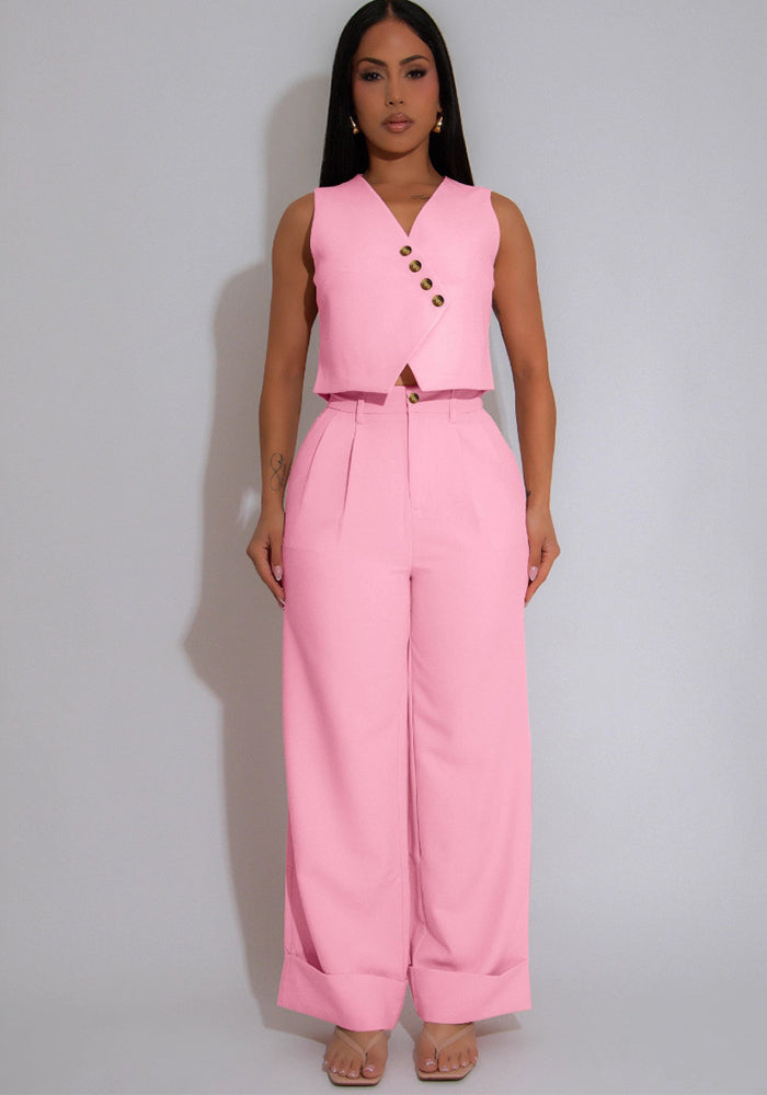 Women Solid Sleeveless V-Neck Vest Top Casual Wide Leg Pants Two-Piece Set