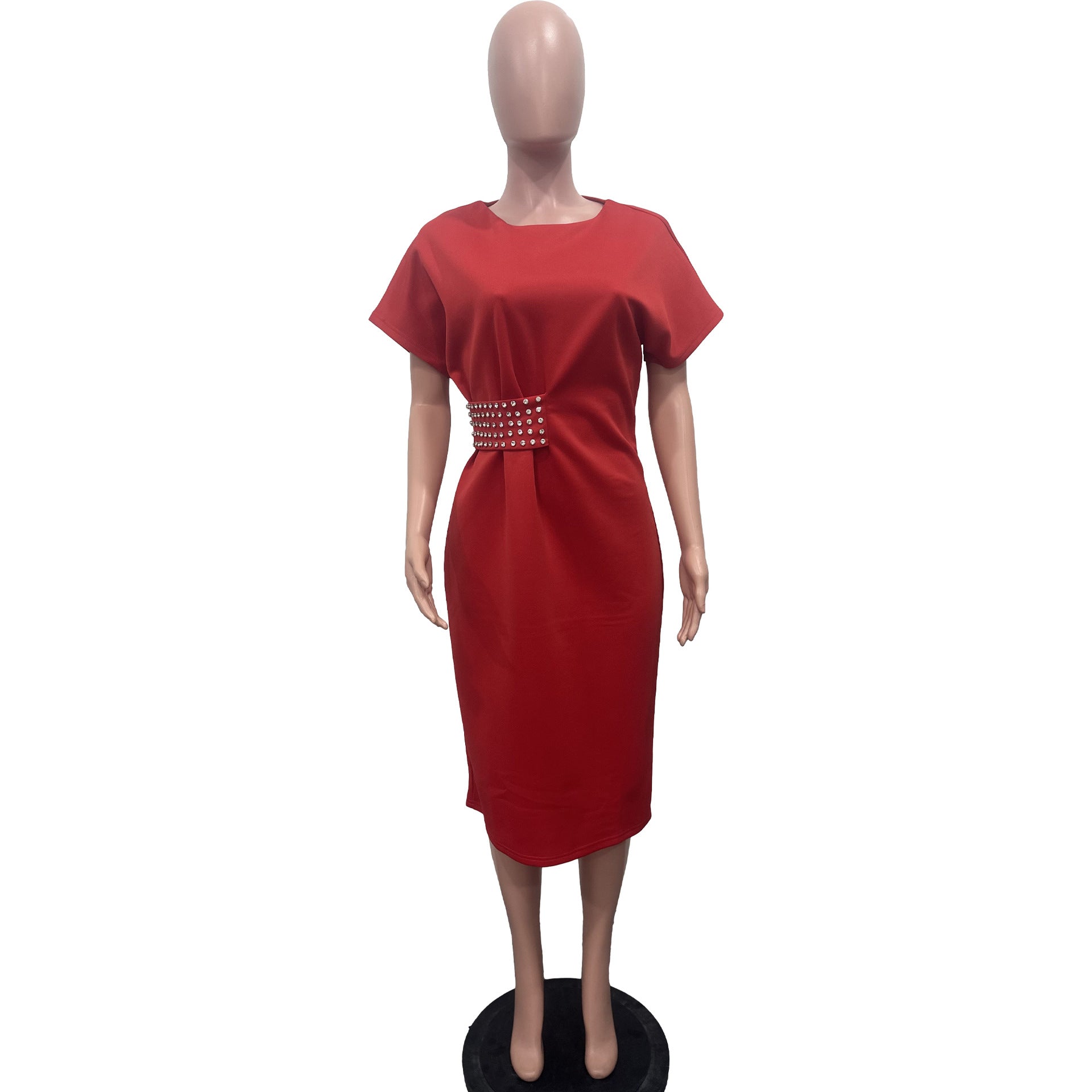 Women Solid Stud Diamond Round Neck Slit Dress 7