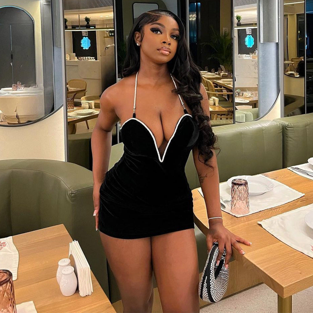 Women Summer Contrast Color V Neck Suspender Dress 8