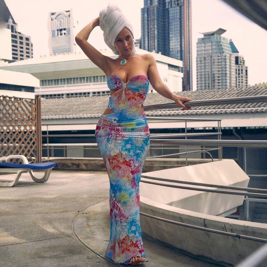 Spring-Summer Women's Sexy Contrast Print Cutout Strapless Slim Waist Long Dress 3