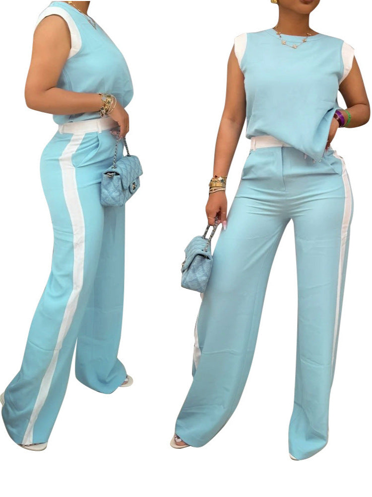 Women Casual Summer Contrast Short Sleeve Top and Wide Leg Trousers Two-Piece Set 5