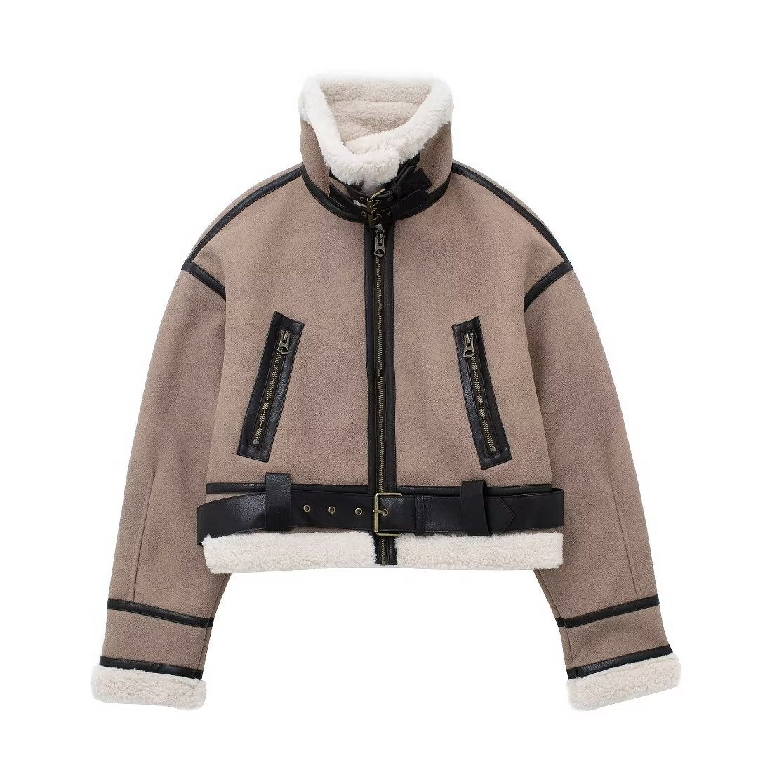 Winter Women's Fur Coat Belt Decorated Lambskin Deerskin Velvet Jacket 6