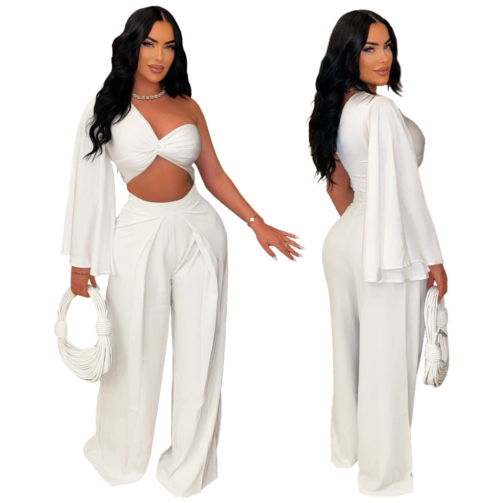 Women Casual Solid One-Shoulder Pleated Top and Pant Two-Piece Set 4
