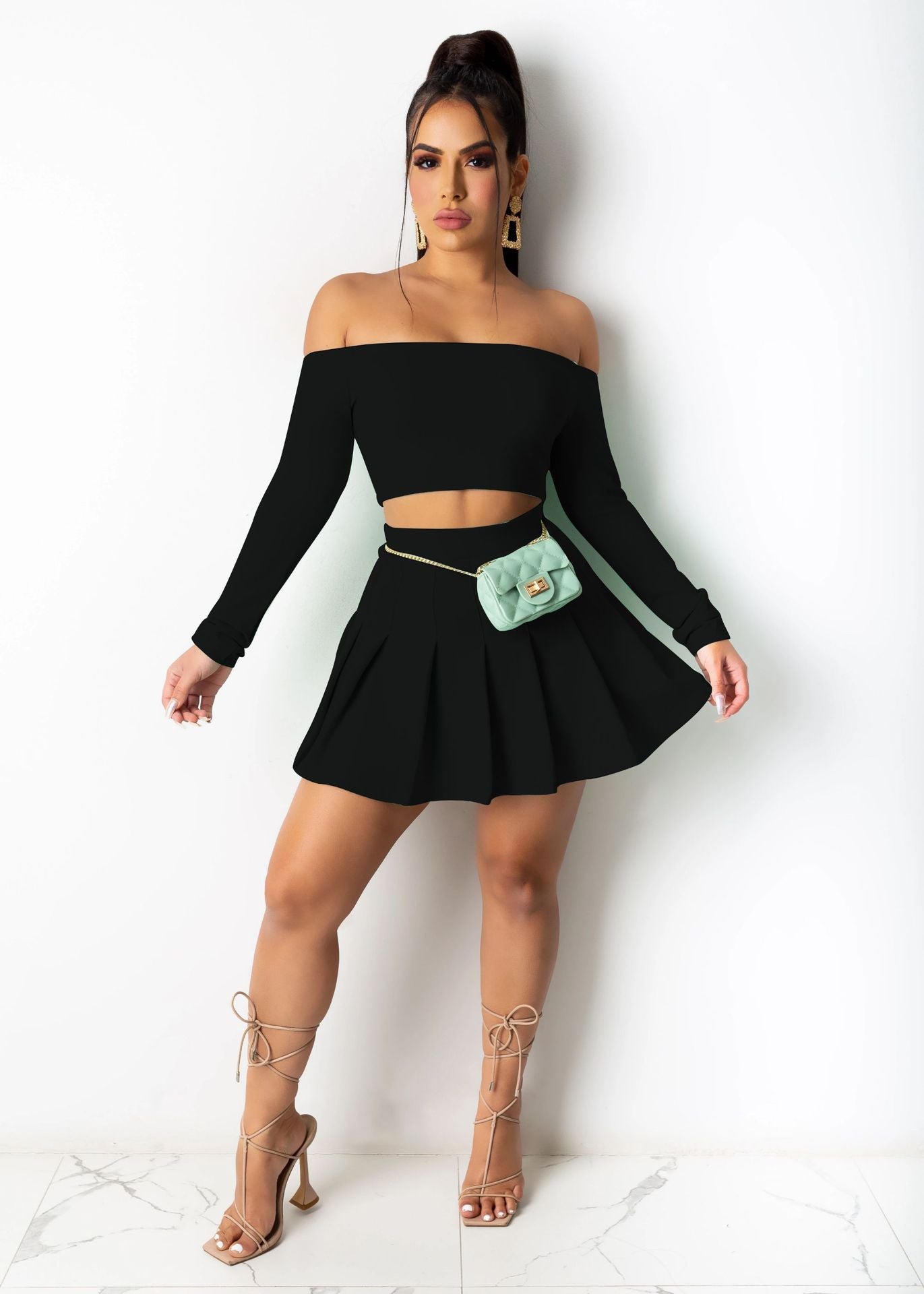 Women's Spring And Summer  Sexy Fashion Solid Color Off Shoulder Long Sleeve Crop Top Pleated Skirt Two-Piece Set 4