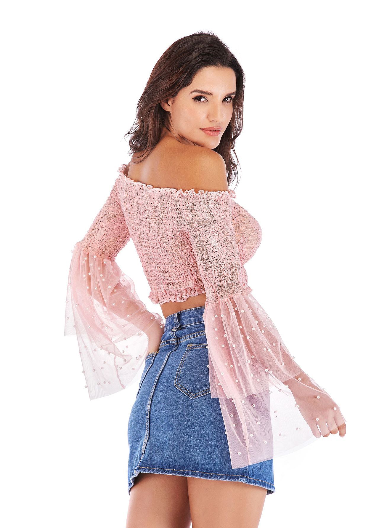 Women's Spring & Summer Off-The-Shoulder Bell Sleeve Sheer Lace Ruched Sexy Crop T-Shirt 7