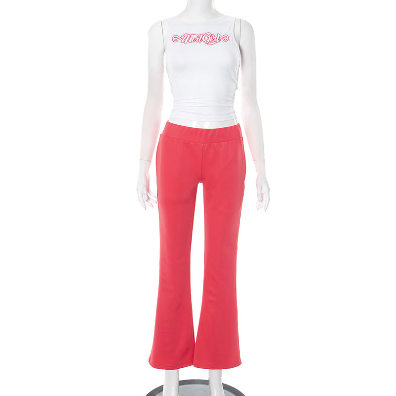 Women's Spring/Summer Round Neck Beaded Letter Print Vest Elastic High-Waist Bell Bottom Pants Two Piece Set 8