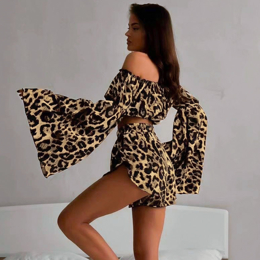 Summer Women Off Shoulder Bell Bottom Long Sleeve Leopard Print Crop Top and Shorts Two-piece Set 5