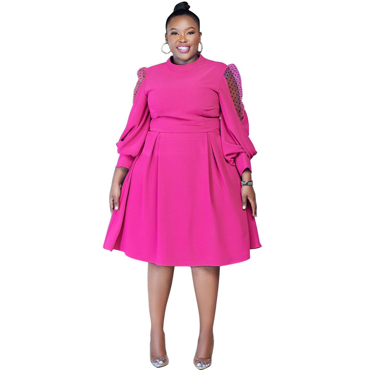 Autumn Polka Dot Mesh See-Through Lantern Sleeve Slim Waist Plus Size Dress 7